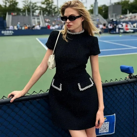 Women's Elegant Tweed A-Line Dress Solid Slim Fit Y2k Short Sleeve Dress Retro O-Neck Patchwork Luxury Evening Dress 2025